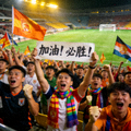 看台上的足球球迷为球队加油的画面